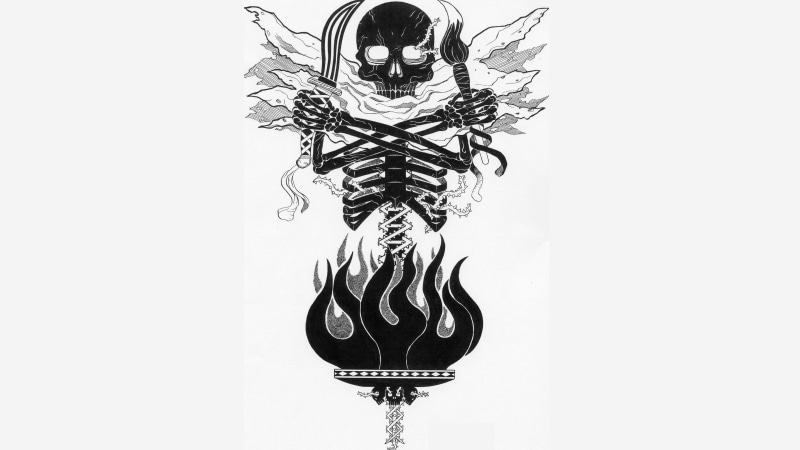 illustration, creativity, skeleton, scarf, black color, no people, design, art and craft, fire, indoors, simple background, nature, white background, still life