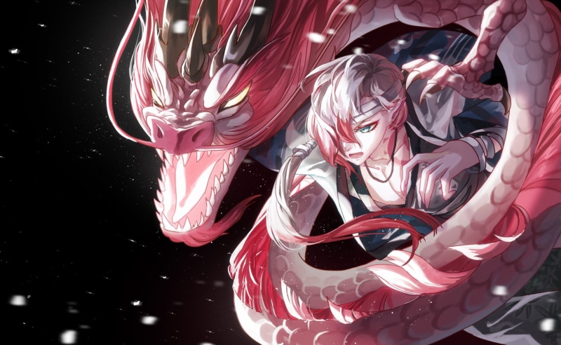 1080P, Blue Eyes, Oriental, White Hair, Dragon, Girl, Onmyoji, Short Hair, Woman, Fantasy, Pointed Ears
