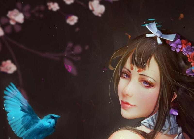 Onmyoji, real people, girls, spring, vertebrate, women, leisure activity, innocence, blossom, one person, fantasy, pasare, bird, frumusete, looking, close-up