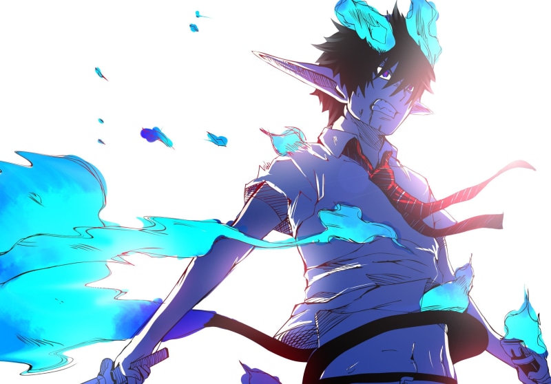 human arm, Blue Exorcist, lifestyles, leisure activity, blue, white background, flying, three quarter length, day, casual clothing, clear sky, anime boys