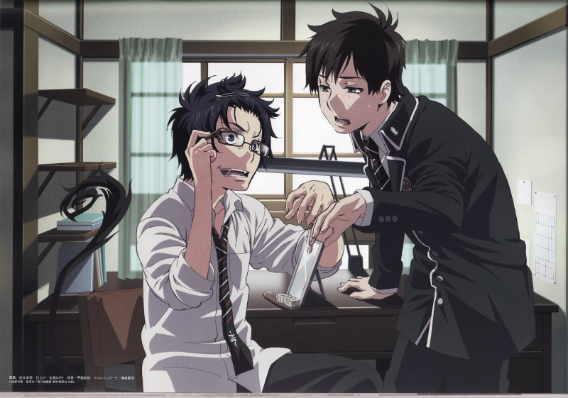 working, holding, real people, sitting, occupation, hairstyle, table, Okumura Yukio, eyeglasses, two people, young men, people, young adult, black, Okumura Rin