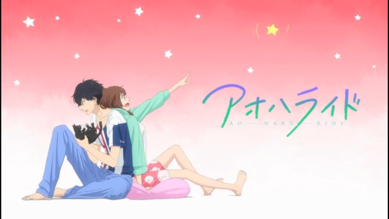 young women, sitting, Anime, couple - relationship, adult, happiness, two people, love, excitement, purple, emotion, Ao Haru Ride, studio shot, positive emotion