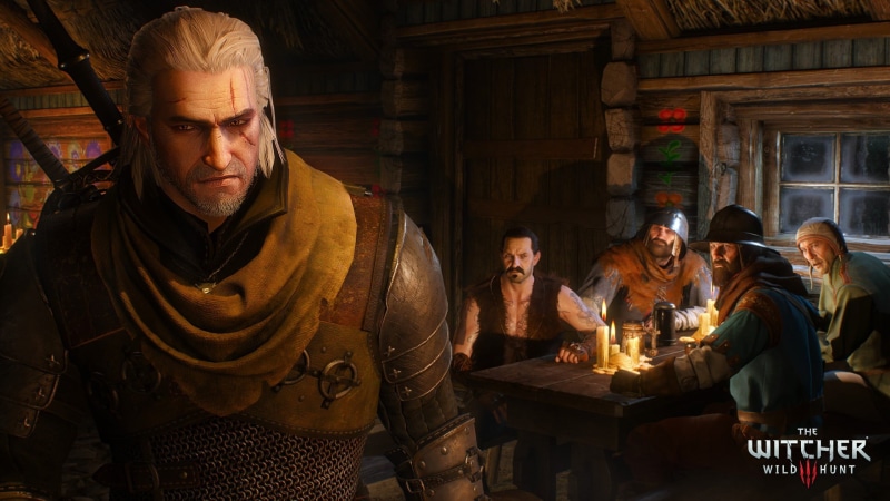 food and drink, mid adult, armchair, Geralt of Rivia, senior adult, people, males, wooden, The Witcher 3: Wild Hunt, brown, lifestyles, togetherness, waist up