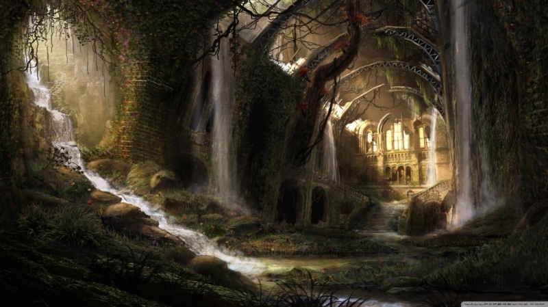 history, forest, land, built structure, flowers, nature, day, plant, illustration, the past, no people, water, abandoned, brown, old, tree, ruin, architecture