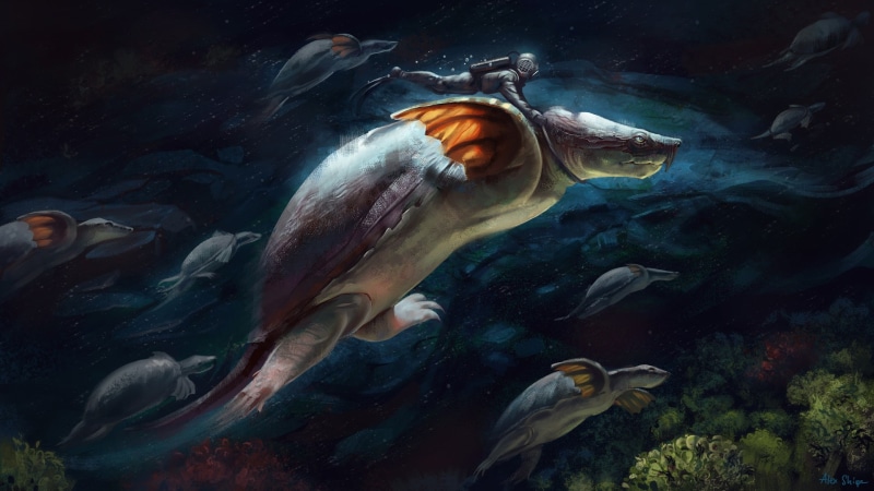 turtle, Illustrator, Exploring, 1080P, underwater world, Alex Shiga, fiction, art