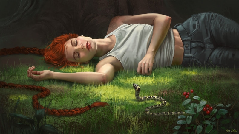 fantasy, Illustrator, girl, art, Alex Shiga, 1080P, snake, forest, A slumber