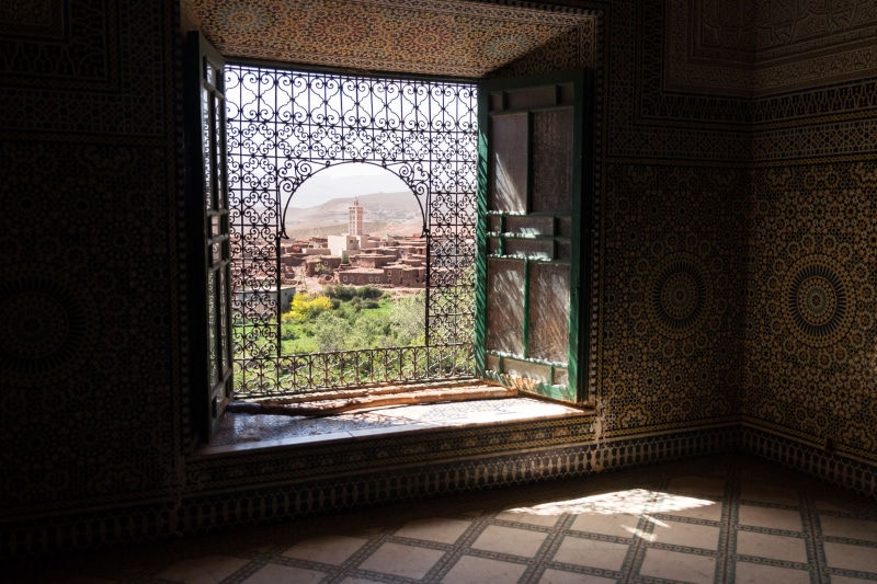 female, flagstone, picture window, light, place of worship, corridor, nature, door, architecture, no people, morocco, glass - material, history, maroc