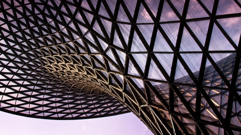 alloy, full frame, architectural feature, metal, shape, no people, directly below, low angle view, built structure, glass, architecture, indoors, frame