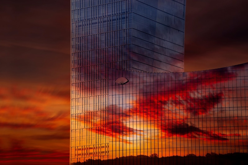 city, sky, 1080P, architecture, orange color, digital composite, reflection, glass, heat - temperature, sunset, nature, outdoors, low angle view, skyscraper