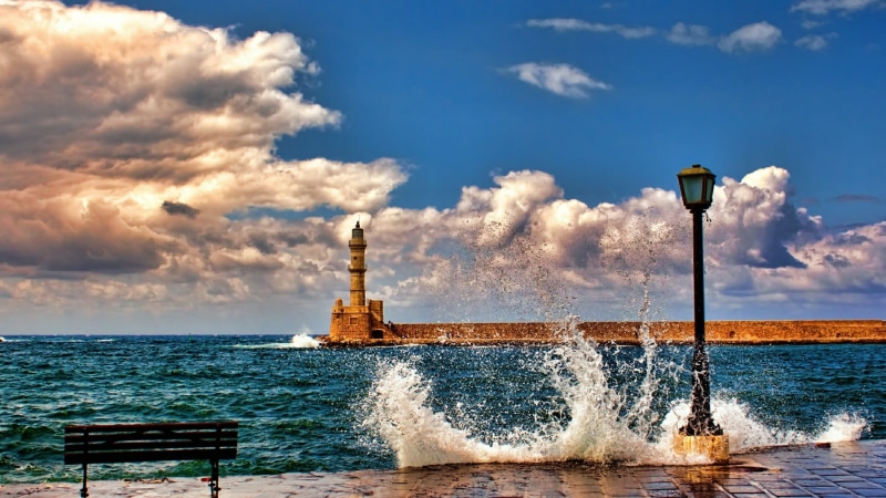 beach, chania, bench, tower, sea, day, breakwater, shore, cloud - sky, power in nature, crete, beauty in nature, ocean, wave, 1080P, horizon over water