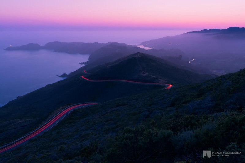 Kenji Yamamura, fog, photographer, lights, mountains, twilight, road, 1080P