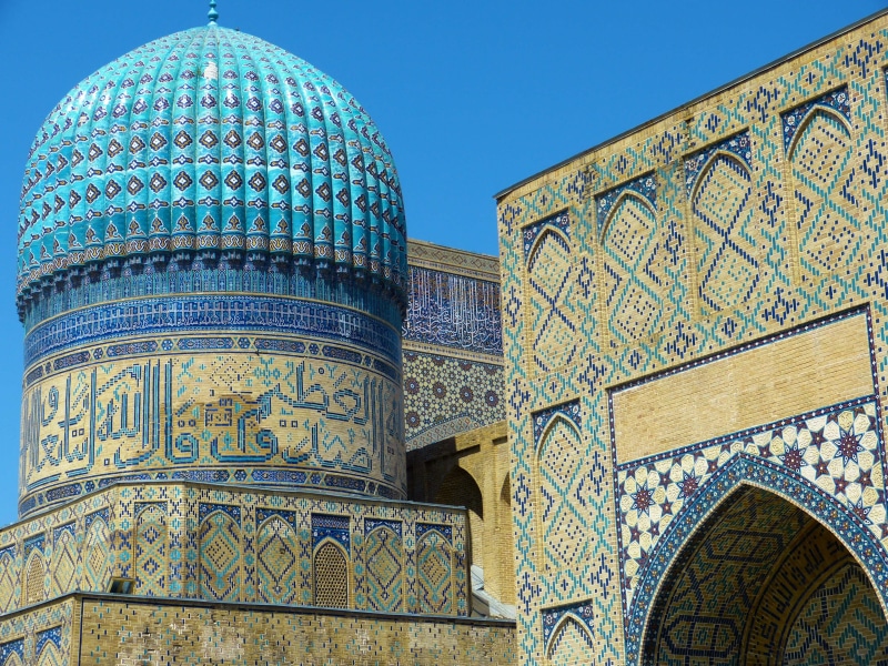 large, the past, place of worship, sky, pattern, mosque, mausoleum, travel, building exterior, built structure, ornate, samarkand, 4K, architecture, low angle view