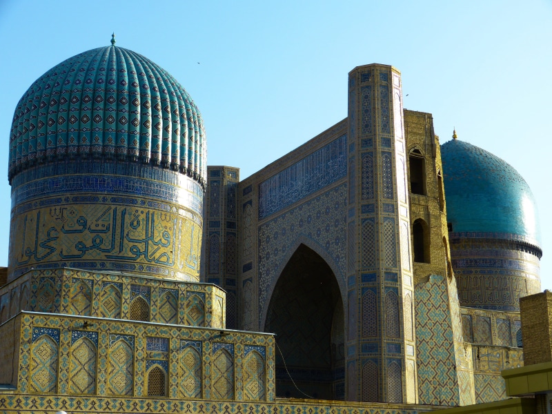travel, dome, sky, uzbekistan, building, samarkand, outdoors, timur, place of worship, travel destinations, no people, built structure, arch, the past