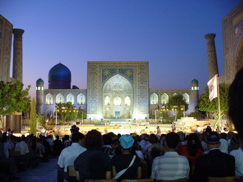 samarkand, uzbekistan, travel destinations, outdoors, group of people, lifestyles, travel, sunset, building exterior, tourism, architecture, belief, music