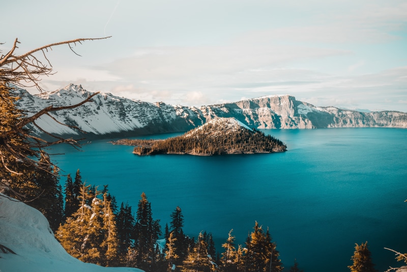 cold temperature, snowcapped mountain, sky, crater lake, mountains, winter, body, USA, no people, tranquil scene, trees, water, 4K, snow, day, tranquility