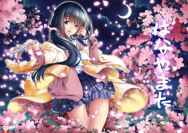 flowers, signed, stars, seifuku, building, eyes, cherry, long, blue, moon, blossoms, skirt, ashi, 720P, hair, green, ponytail, night, kosugi, sky, com