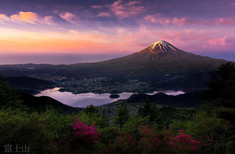scenics - nature, volcanic crater, Fujiyama, landscape, non-urban scene, plant, tree, water, sunset, mountain peak, land, idyllic, volcano, beauty in nature