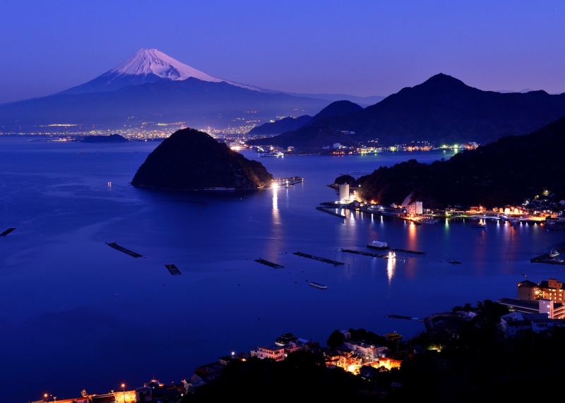 city, lights, Japan, Night, Mountain, snow, Fujiyama, 1080P