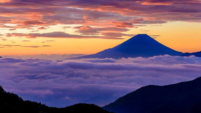 tranquil scene, mountain peak, Island, Fujiyama, sunset, mountain, sky, no people, nature, sun, mountain range, environment, Japan, beauty in nature, outdoors