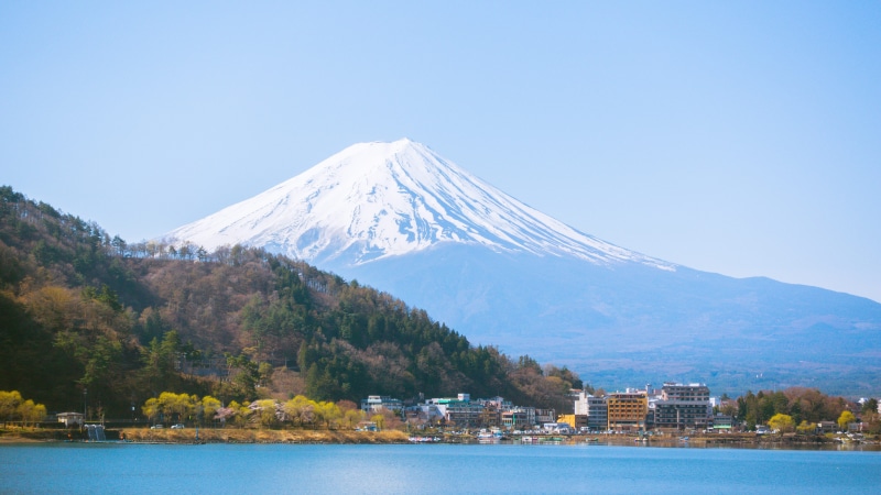 travel destinations, fujiyama, tree, outdoors, beauty in nature, river, volcano, plant, snowcapped mountain, japan, 5K, sky, nature, water, snow, cold temperature