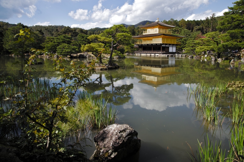 house, land, kyōto-shi, nature, kyoto, pond, surrounded, architecture, day, building exterior, cloud - sky, scenery, kinkaku-ji, tranquility, place of worship