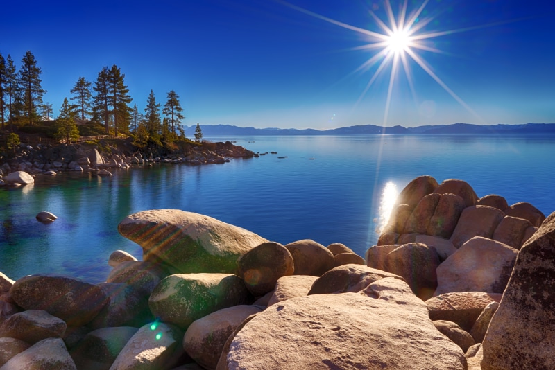 Sand, outdoors, lens flare, blue  sun, rock - Object, beige, Nevada, landscape, body, scenics, nature, body of water, 5K, lake, blue, stones, Harbor, mountain