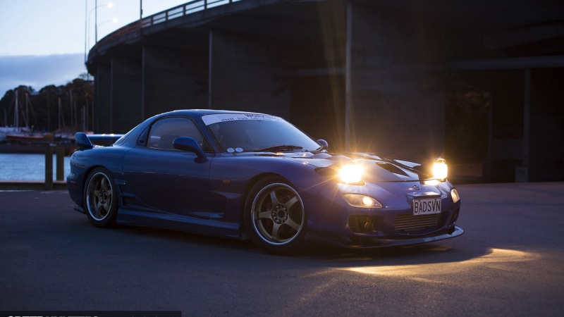 car, 1080P, sky, Japanese cars, render, night, sports car, road, city, Mazda, Mazda RX-7, black, sport, street style, luxury, JDM, Nissan