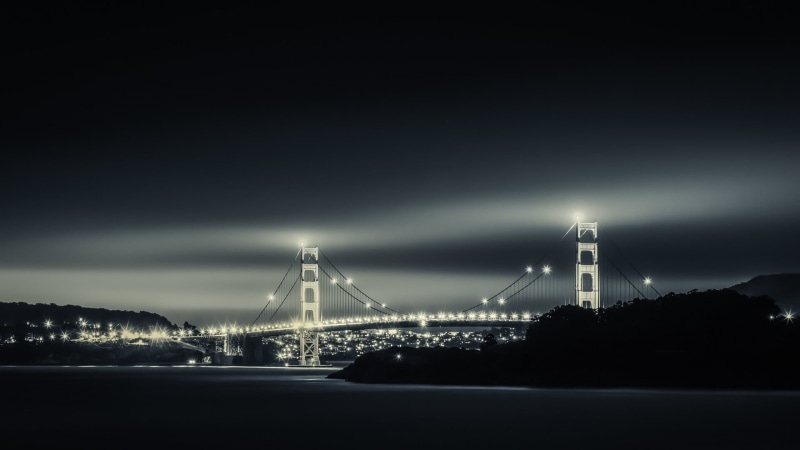 night, copy space, monochrome, water, sky, architecture, travel, illuminated, built structure, grayscale, Golden Gate Bridge, 1080P, photograph, gate