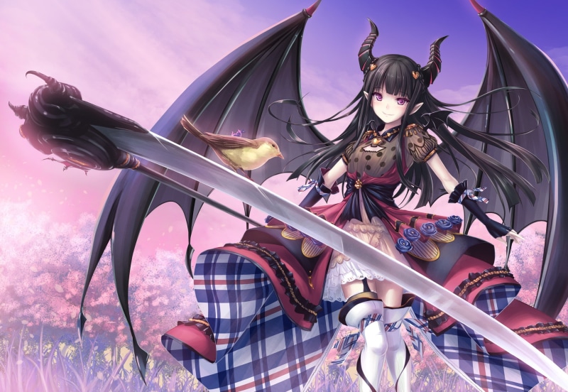 birds, black hair, purple eyes, cherry blossom, 1080P, boots, trees, horns, clouds, garter belt, animals, pointed ears, wings, long hair, braids, sky