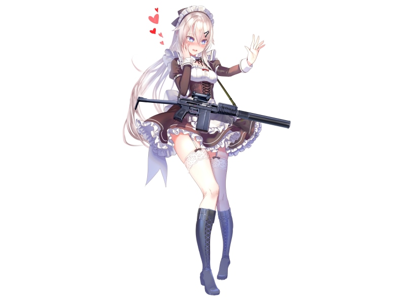 long hair, 9A-91 (Girls Frontline), 4K, boots, weapon, blonde, aqua eyes, maid, dress, headdress, blush, garter belt, apron, gun, stockings