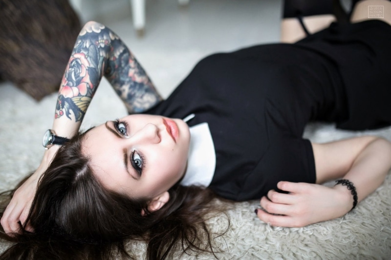 720P, black stockings, women, black dress, looking at viewer, Anastasia Lomakova, tattoo, on the floor, garter belt, model, hands on head