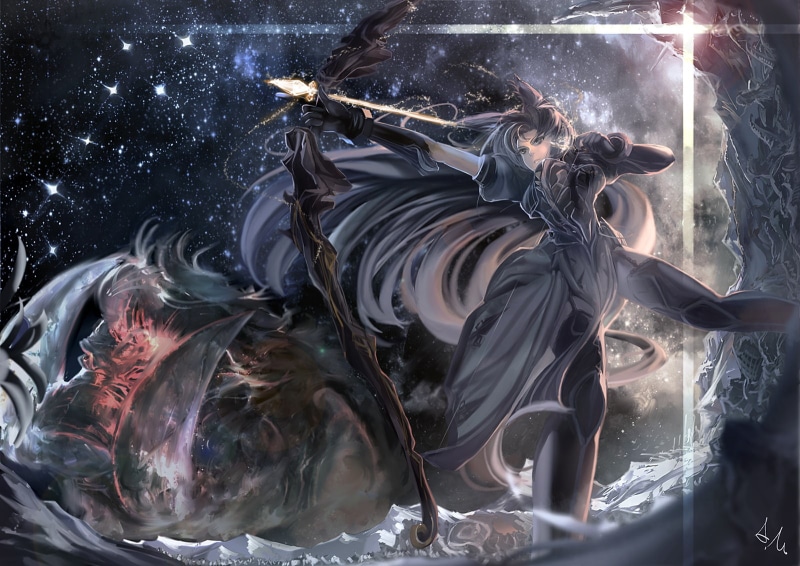 green, brown, eyes, ameru miro, skirt, 720P, apocrypha, armor, fate, garter, atalanta, long, hair, stars, bow, signed, belt, ears, weapon, animal