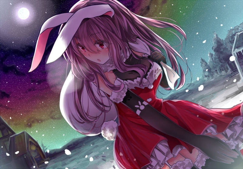 snow, Xe, 720P, Thighhighs, dress, Long Hair, ears, touhou, winter, Red Eyes, garter, christmas, night, belt, Bunnygirl, tree, bunny, building, stockings