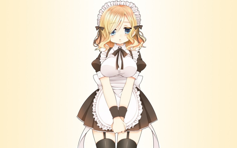 1080P, garter, maids, hair, girls, belts, highs, background, ribbons, blondes, maid, ornaments, costumes, thigh, aprons, anime, eyes, blue, simple, skirts
