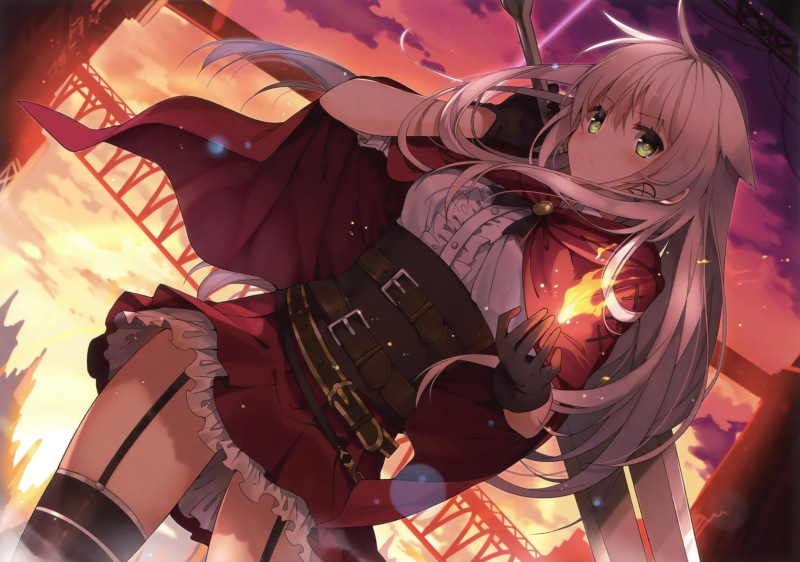 belt, gloves, 4K, green, eyes, konachan, thighhighs, 250167, fire, garter, anceril, com, scan, long, kurone, gray, mishima, original, sacred, hair, skirt