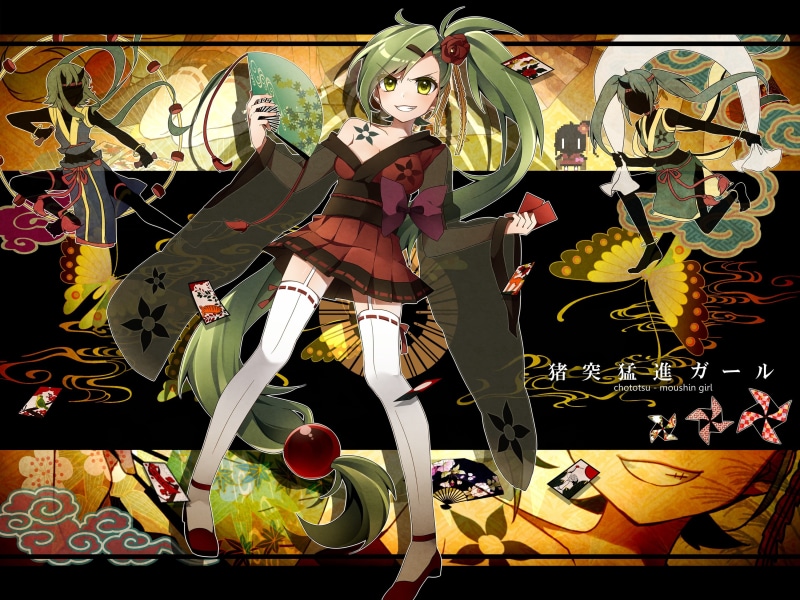 miku, yukino, hair, thighhighs, tattoo, yukata, belt, garter, japanese, vocaloid, original, ichinose, hatsune, 2K, long, gumi, green, ponytail, clothes