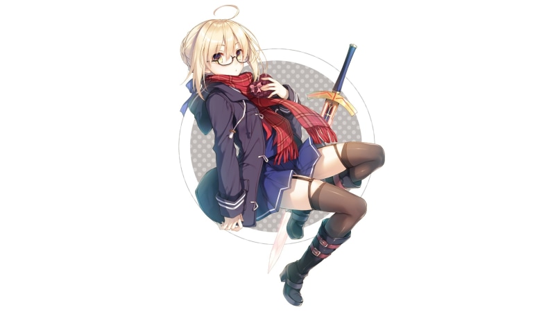 sword, com, seifuku, weapon, hair, chocolate, yellow, thighhighs, glasses, white, 1080P, heroine, 237016, fate, boots, headdress, ribbons, eyes, konachan