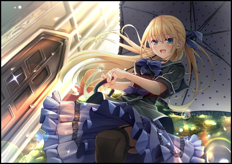 konachan, 239977, aliasing, blonde, umbrella, bow, bubbles, original, yuuta, garter, belt, green, 1080P, eyes, com, moeki, hair, long