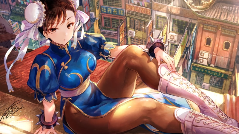 anime girls, rooftops, brunette, 1080P, pantihose, brown eyes, short hair, boots, city, wristwear, Chun-Li