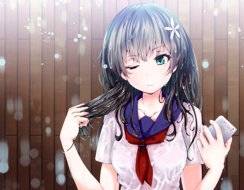 hair, seifuku, wet, 720P, green, com, 261794, wristwear, konachan, aliasing, saten, black, long, (artist), tagme, kagaku, phone, eyes, ruiko, railgun
