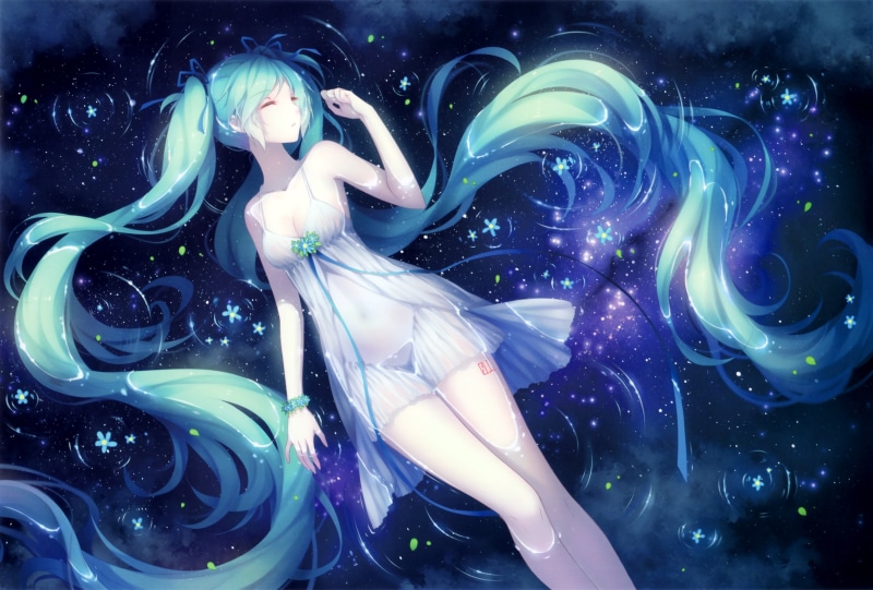wet, 2K, twintails, Blue, flowers, hatsune, long, dress, hair, water, tidsean, summer, stars, scan, miku, vocaloid, wristwear
