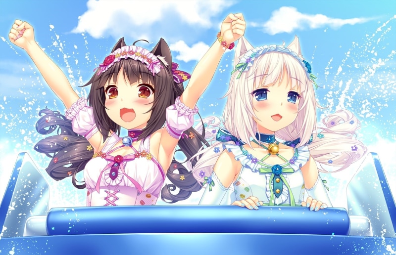 smile, long, cat, nekopara, 2girls, aqua, wristwear, com, 720P, headdress, konachan, twintails, bell, flowers, brown, eyes, clouds, 245215, sky, rose