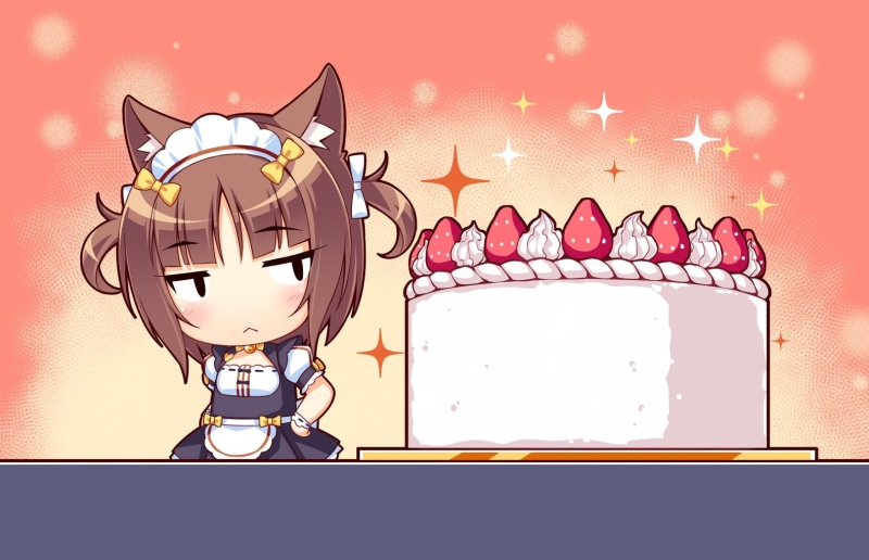 brown, game, ribbons, nekopara, short, catgirl, cake, maid, konachan, waitress, chibi, works, fruit, wristwear, twintails, blush, neko, apron, sayori, 720P