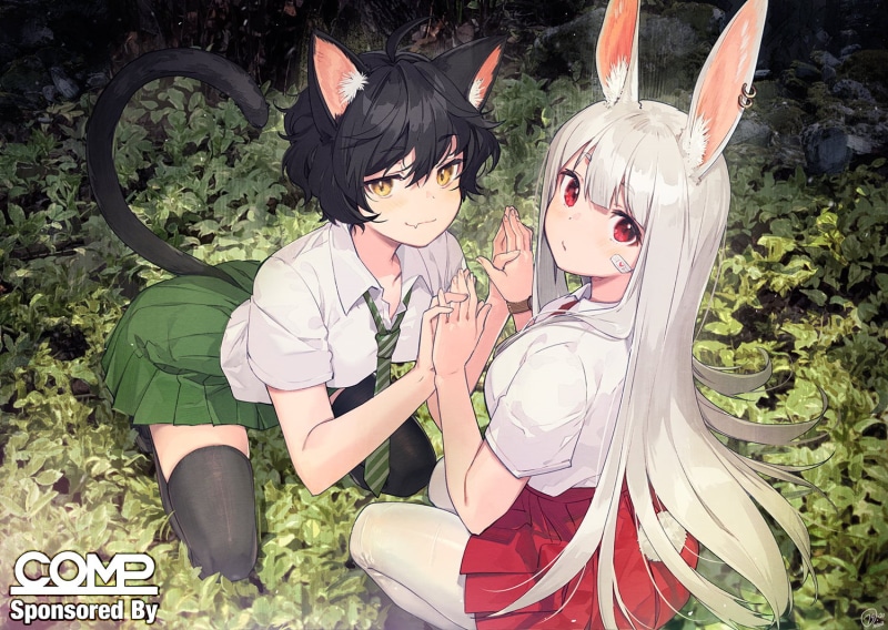 long hair, Fang, leaves, blush, thighs, wristwear, cat girl, skirt, red eyes, school uniform, 720P, bunny girl, stockings, white hair, yellow eyes, black