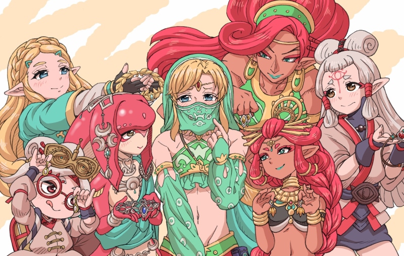 riju, gloves, blush, long, ponytail, navel, braids, aqua, eyes, loli, 4K, red, wristwear, group, 262465, mask, purah, male, trap, necklace, hair, konachan