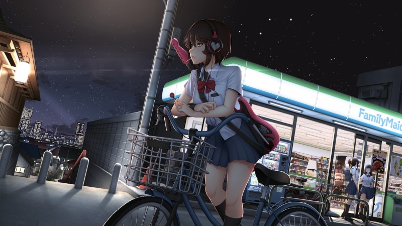 sky, city, night, seifuku, original, scenic, stars, stairs, ipod, 257097, long, bicycle, skirt, konachan, kneehighs, com, ponytail, building, 1080P, hair