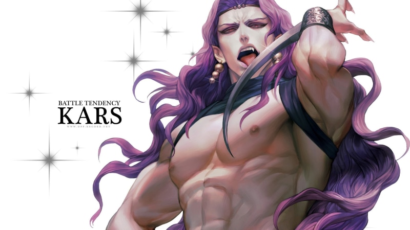 jojo, hair, (off-record), ears, 1080P, pink, eyes, weapon, long, male, (jojo), headdress, fang, kars, purple, bouken, kimyou, pointed, wristwear, rae