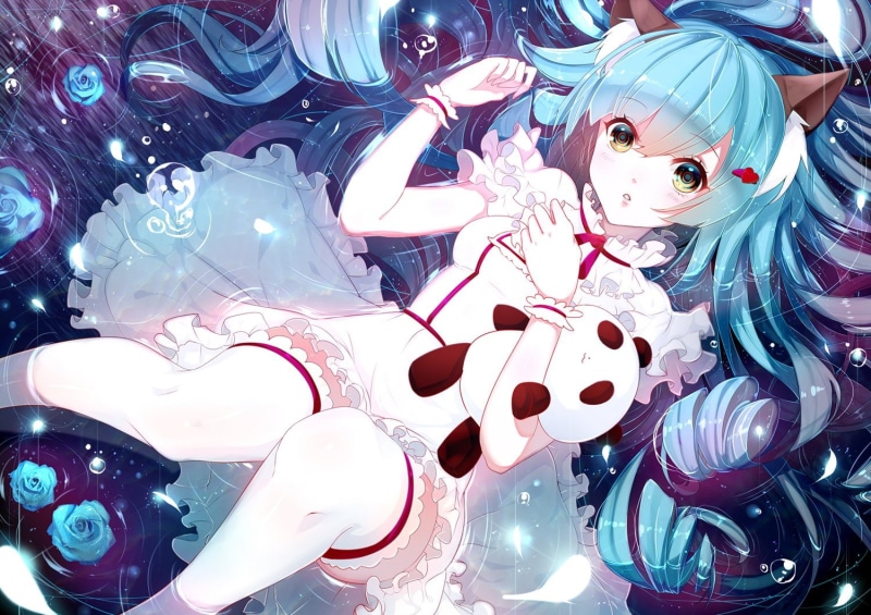 rose, eyes, twintails, water, dress, wristwear, animal, bear, teddy, (jinko0094), bubbles, orange, aqua, phino, thighhighs, ears, flowers, long, 720P