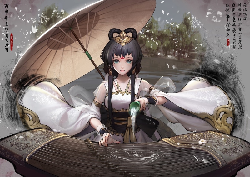 long, aqua, cherry, eyes, clothes, wristwear, water, tattoo, hair, black, japanese, oop, headdress, china, tianyi, umbrella, 1080P, luo, blossoms, vocaloid