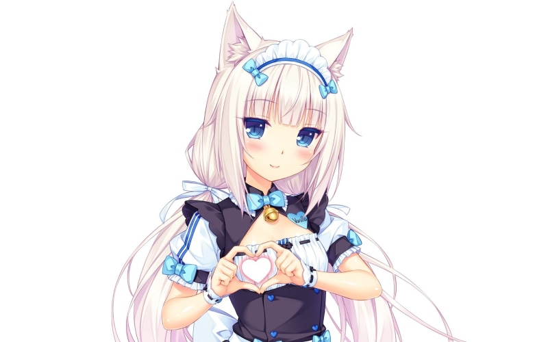 waitress, headdress, hair, sayori, uniform, eyes, bell, catgirl, com, maid, long, bow, 1080P, twintails, heart, wristwear, white, 236436, aqua, konachan
